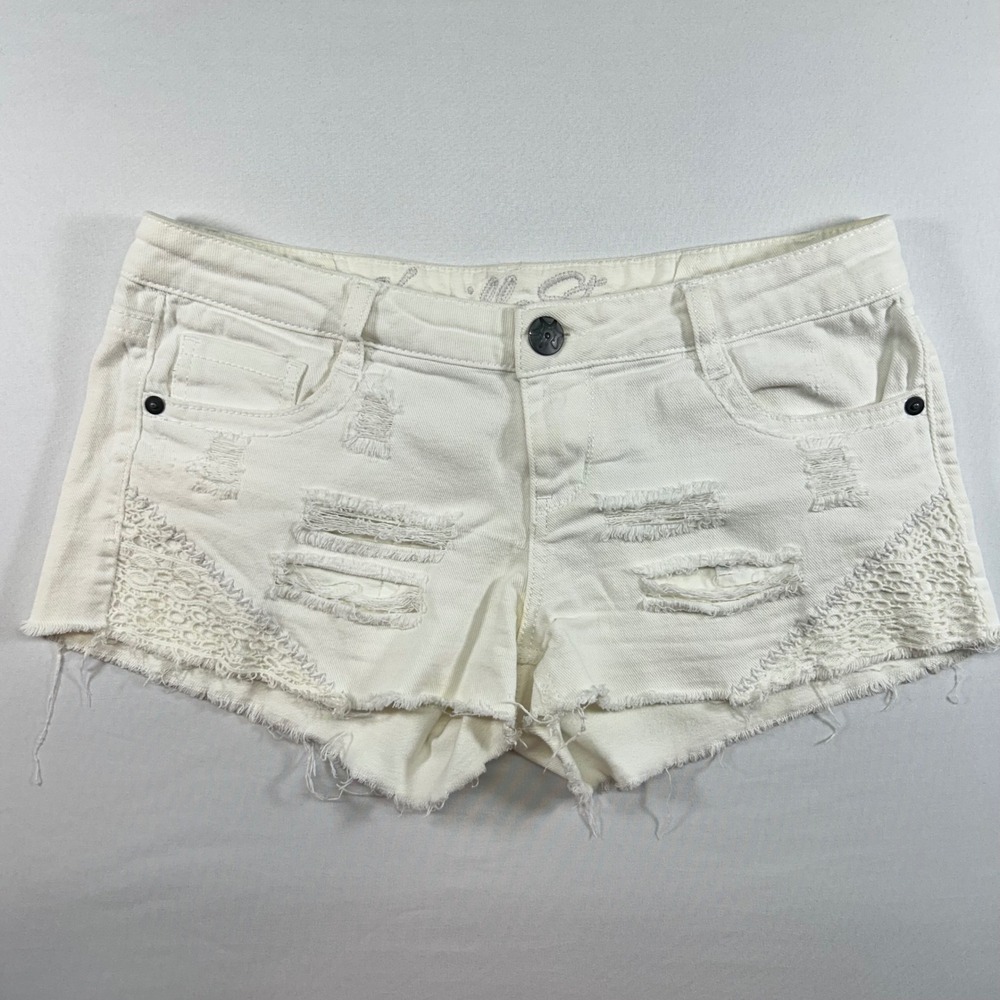 Vanilla Star Girls White Distressed Denim Shorts Crochet Lace Cutoffs Size 7